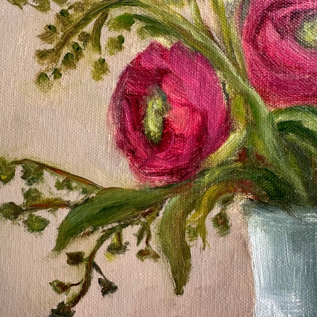 Farmhouse Ranunculus Flowers Still Life in Blue Vase, “Happiness Blooms” Original, Framed Oil Painting For Sale - Image 3 of 10