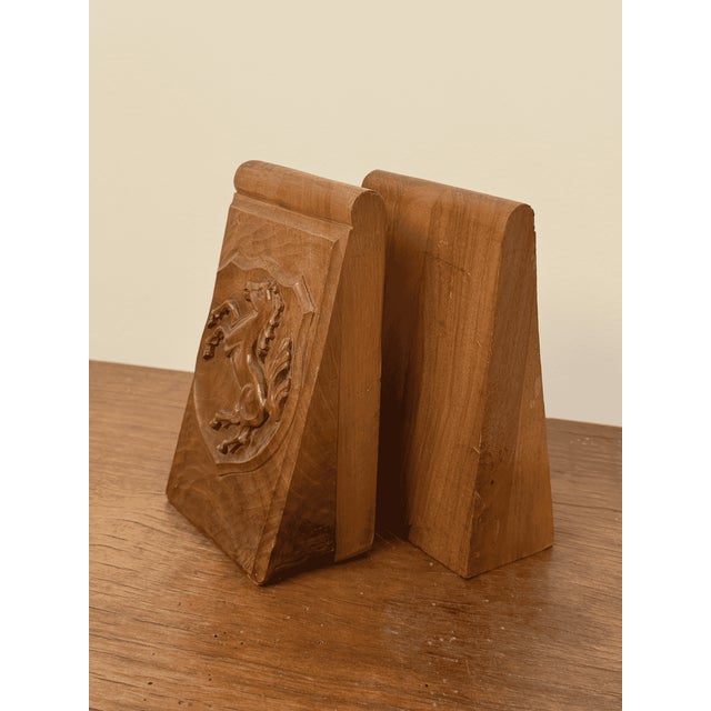 Rustic Wooden Bookends with Carved Shield and Horse, Set of 2 For Sale - Image 3 of 5