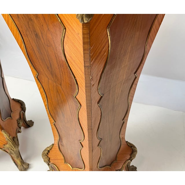 Pair of Mid-20th Century French Rococo Style Marquetry & Ormolu Pedestals With Green Marble Tops For Sale - Image 16 of 16