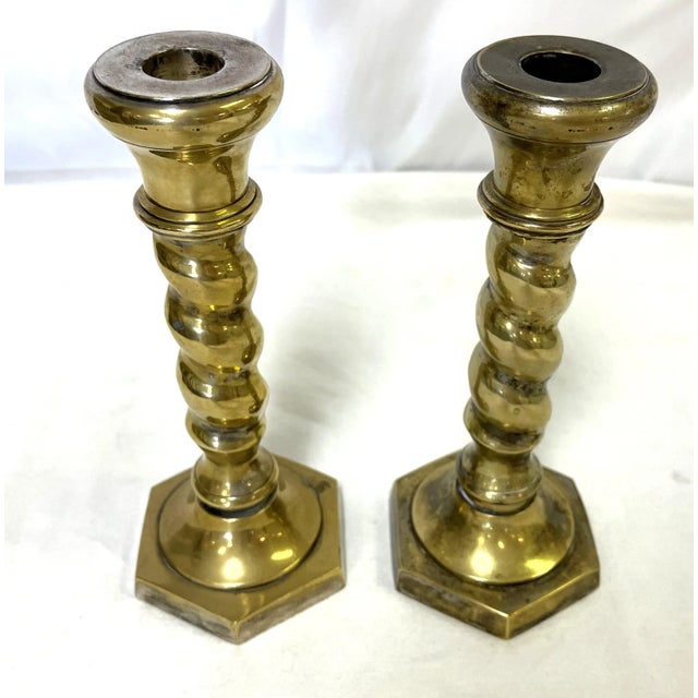 William Adams and Company 1970's William Adams 8" High Brass Plated Barley Twist Candlesticks Made in India- a Pair For Sale - Image 4 of 11