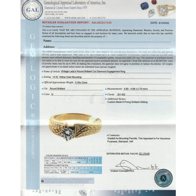 Signed Engraved Modernist 14 Karat Gold & Diamond Solitaire Engagement Ring For Sale - Image 12 of 12