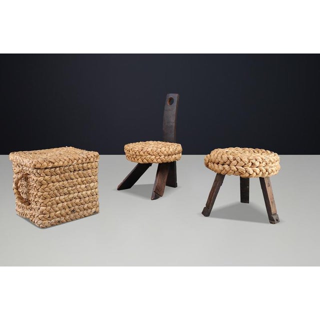 Vintage French Rope Chair with Stool and Basket from Audoux Minet, 1960s, Set of 3 For Sale - Image 12 of 15