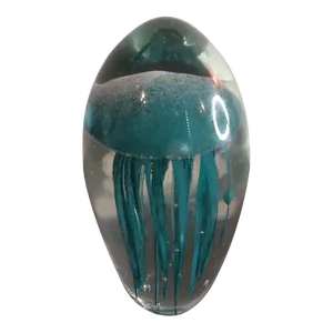 1980s Clear Glass Blue Jellyfish Oval Paperweight