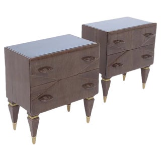 Mid-Century Italian Nightstands in Wood and Blue Glass, Set of 2 For Sale