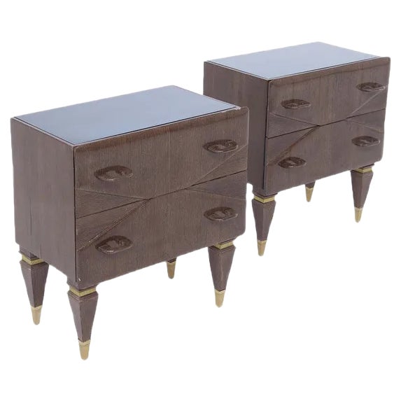 Mid-Century Italian Nightstands in Wood and Blue Glass, Set of 2 For Sale