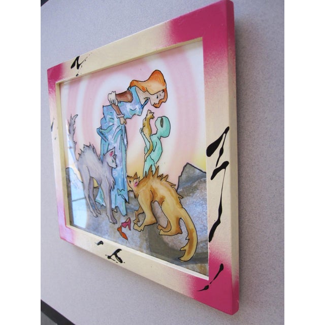 Figurative Cat Lovers by Louis Recchia | Mixed-media acrylic on plexiglas depicting a woman with cats and children. For Sale - Image 3 of 5