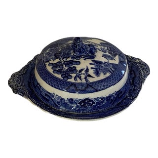 Antique e.b. & j.e.l. Blue Willow Covered Butter Muffin Dish Original Ceramic Liner Staffordshire, England 1890s For Sale