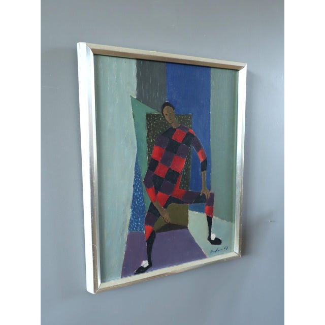 1961 Mid-Century Modern 'Seated Harlequin' Swedish Geometric Figurative Oil Painting, Framed For Sale - Image 4 of 10