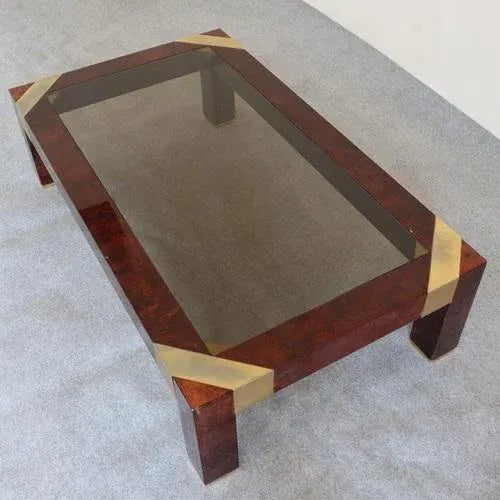 Coffee Table in Briar Root and Brass Inserts with Smoked Glass by Jean Claude Mahey, France, 1970s For Sale - Image 5 of 6