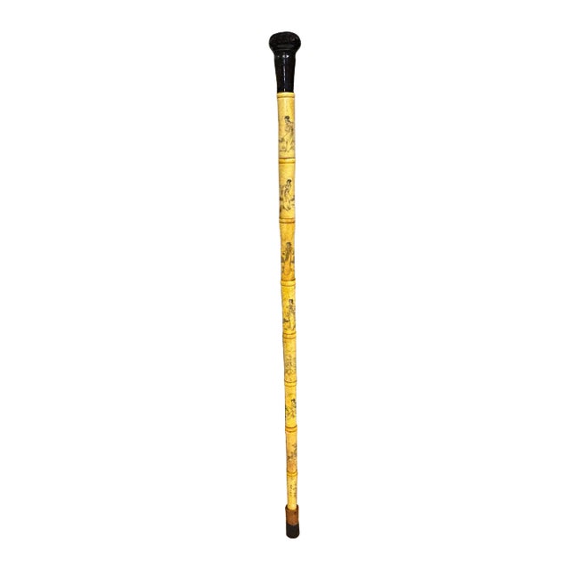 Vintage Chinese Lady Figures Engraved Motif Bone Color Resin Inset Walking Stick For Sale