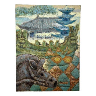 Takahashi, Haniwa Horse & Pagoda, 1980s, Oil on Canvas For Sale