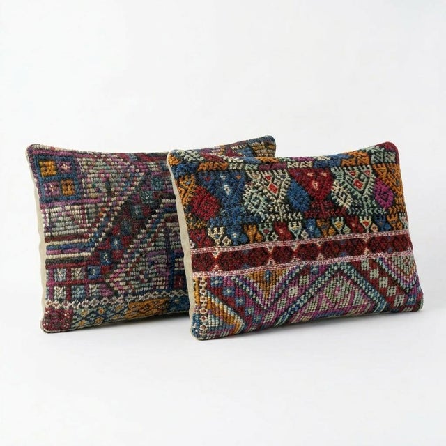 Mid-Century Modern Turkish Kilim Lumbar Pillow Cover 13'' X 20'' & 15'' X 24'' - Set of Two For Sale - Image 3 of 4