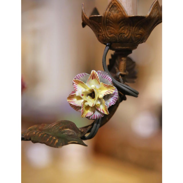 Green Early 20th C. French Four-Light Floral Tole Chandelier With Porcelain Flowers For Sale - Image 8 of 10