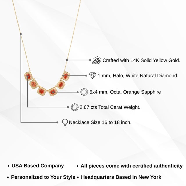 14k Yellow Gold 2.67ct Emerald-Cut Orange Sapphire Diamond Halo Station Necklace For Sale - Image 12 of 16