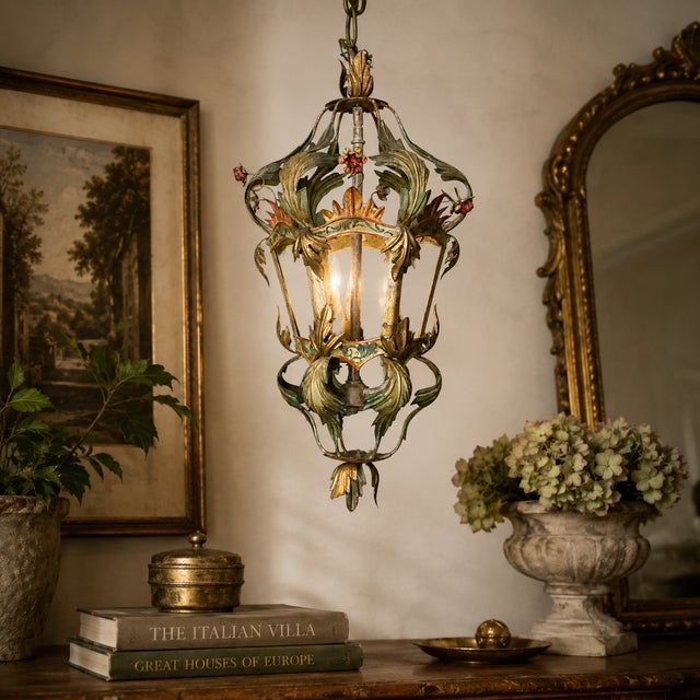 1950s Hollywood Regency Italian Floral Tole Painted Lantern / Chandelier - 3 Lights For Sale - Image 5 of 5