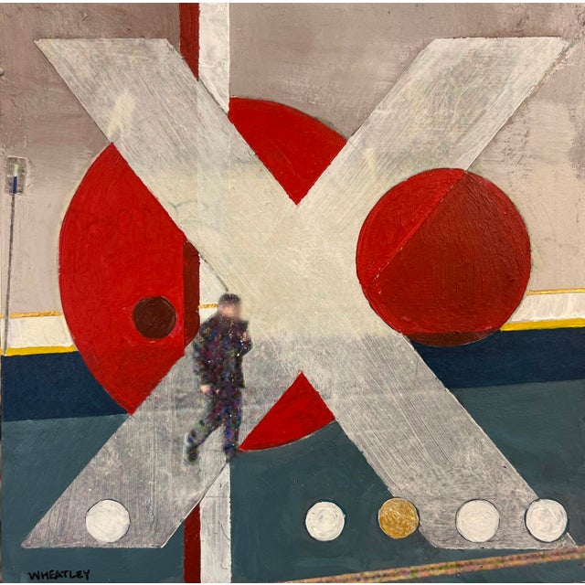 The Walk by Justin Wheatley | Mixed (photo, collage, acrylic) on panel featuring a figure walking across shapes For Sale