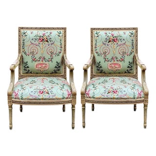 French Louis XVI Style Bergere Chairs Neo-Classsical Chintz Celadon Paint - Pair For Sale