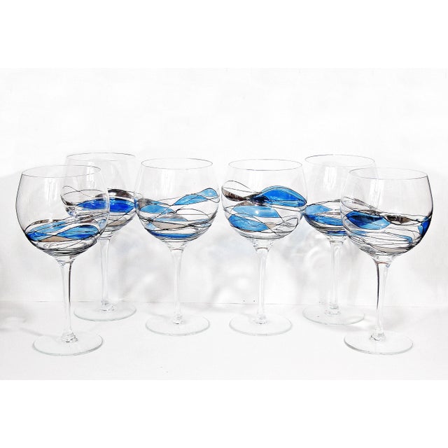 1990s Mosaic Stained Glass Wine Glasses 16oz | Hand-Painted Blue & Gray Accents | Modern Artistic Glassware | Wine Lover Gift - Set of 6 For Sale - Image 4 of 7