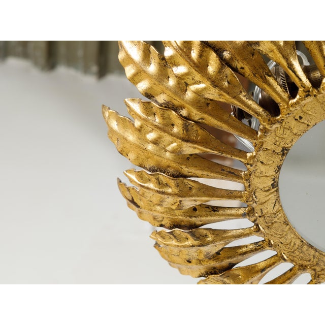 Mid 20th Century Mid 20th Century Spanish Gilt Metal Crown Chandelier with Leaves and Frosted Glass For Sale - Image 5 of 8