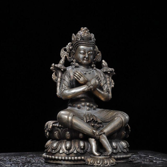 This is a finely cast vintage silver-plated bronze statue of Vajradhara, the primordial Buddha and central deity in...