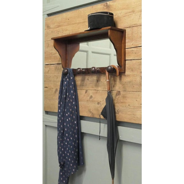 French Dark Pine Wall Mirror with Shelf and Coat Hooks, 1960 For Sale - Image 6 of 7