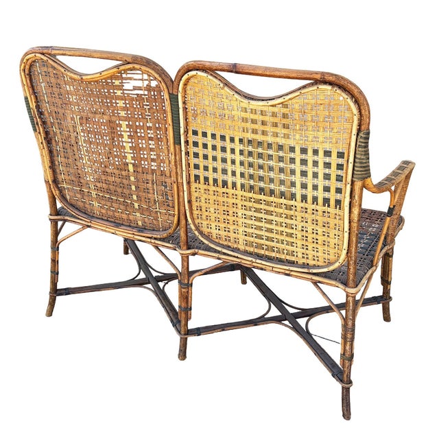 1900 - 1909 Restored Aesthetic Movement Tiger & Tortoise Bamboo Bench Settee W/ Woven Seat For Sale - Image 5 of 8