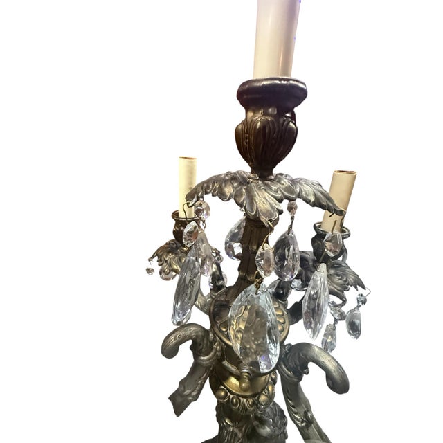 Metal Vintage Hollywood Regency Cherub Marble & Crystal 5-Light Candelabra Lamps - Pair For Sale - Image 7 of 7