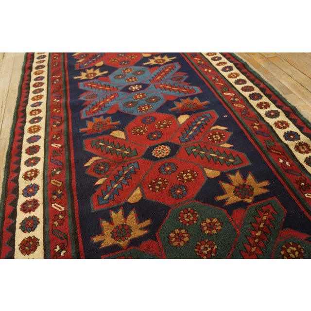 1900 - 1909 1900s Blue Abstract Geometric Antique Caucasian Talish Rug 3' 0'' X 9' 5'' Knotted Wool Carpet For Sale - Image 5 of 12