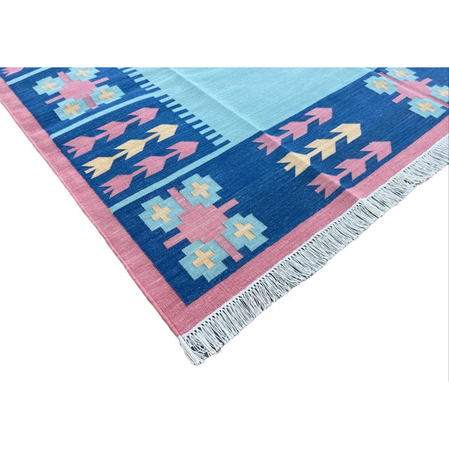 Not Yet Made - Made To Order Handmade Cotton Natural Vegetable Dyed Reversible Green Blue Pink Leaf Pattern Rug Dhurrie - 9'x12' For Sale - Image 6 of 11