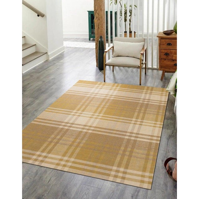5x8 Yellow Hand-Knotted Wool Golden Plaid Weave Geometric Modern Carpet Rug For Sale - Image 9 of 9