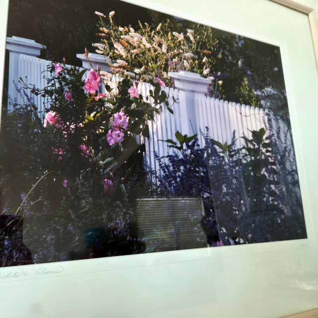 Glass Signed Muren “Pickets & Hibiscus” Vintage Cottage Garden Art | Framed Floral Landscape For Sale - Image 7 of 7