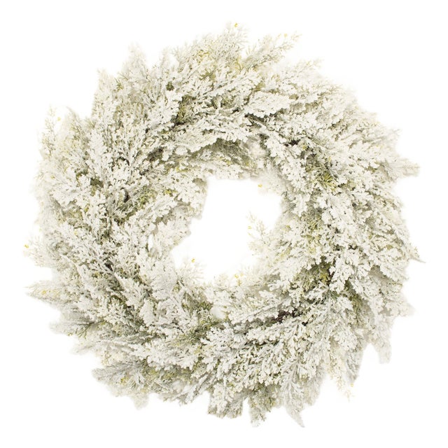 Snowy Flocked Pine Wreath 24"D For Sale