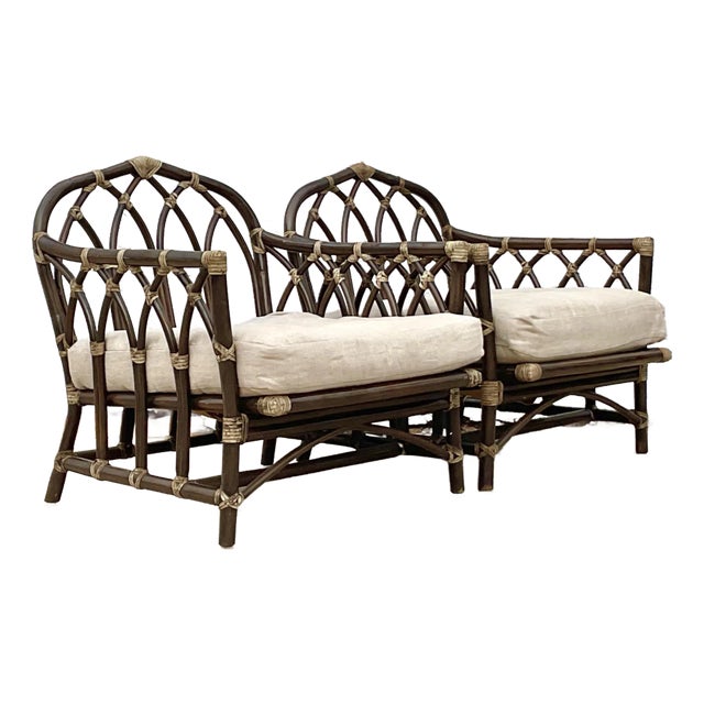 Vintage Coastal Rattan Cathedral Lounge Chairs After McGuire - Set of 2 For Sale