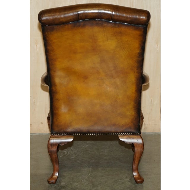 Pair of Antique Heavily Carved Hand Dyed Brown Leather Throne Armchairs For Sale In Dallas - Image 6 of 18