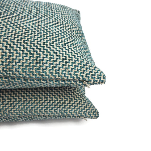 Gp & J Baker Glanville in Teal Lumbar Pillow Cover - 12" X 20" Teal and Gray Geometric Weave Cushion Case For Sale In Portland, OR - Image 6 of 6