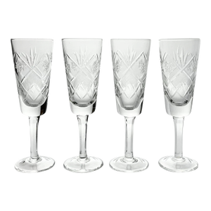 1940s Vintage Set of 4 Etched Fan & Star Fluted Champagne Glasses