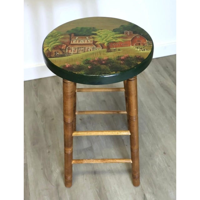 1994 Signed American Folk Art Hand-Painted Farm Scene Wood Counter Stool For Sale - Image 4 of 7