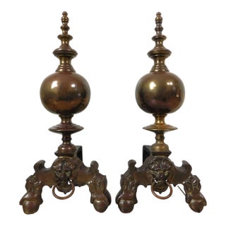 Pair Vintage Mid Century Brass Figural Lion Head Andirons For Sale