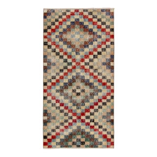 1960s Hand-Knotted Vintage Distressed Rug in Beige-Brown, Geometric Pattern For Sale
