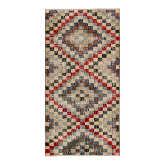 1960s Hand-Knotted Vintage Distressed Rug in Beige-Brown, Geometric Pattern For Sale