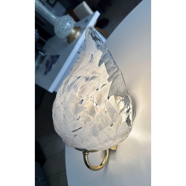 Pair of Mazzega Murano White and Clear Glass Leaf Wall Sconces For Sale - Image 15 of 18