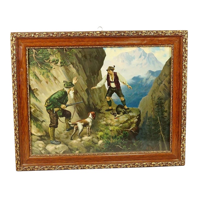 Antique Oil Print With Dramatic Poacher Scene After Josef Ringeisen For Sale