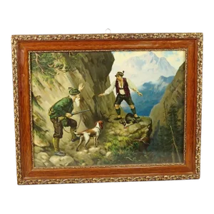 Antique Oil Print With Dramatic Poacher Scene After Josef Ringeisen