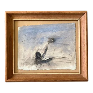1970s Vintage Abstract Pencil & Watercolor Figure Painting