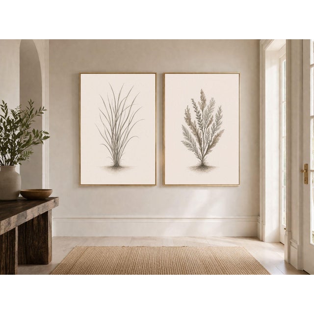 Curated Coastal Botanical Pair, Minimalist Sea Grass & Botanical Studies, 24" × 36" Each For Sale - Image 4 of 7