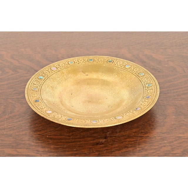 A gorgeous antique Arts & Crafts or Art Deco period gilt bronze dish or shallow bowl with abalone inlay By Tiffany Studios...
