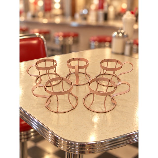 1950s Mid-Century Frosted Glass Tumblers With Pink Metal Holders | 1950s Soda Fountain Drinkware | Set of 5 For Sale - Image 5 of 6