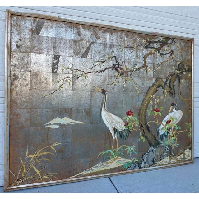 1920s Large Japanese Chinoiserie Crane Painting on Wood Panel W/ Silver, Gold, & Copper Leaf — Art Deco Framed For Sale - Image 10 of 18