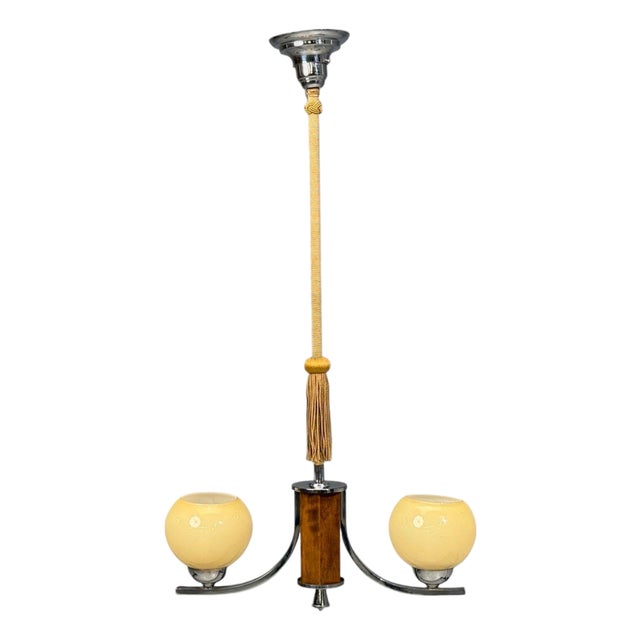 Swedish Art Deco, Pendant Light, Burl, Cord, Glass, Chrome, Sweden, 1930s For Sale