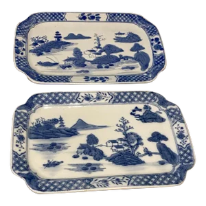 Vintage Blue and White Chinoiserie Rectangular Plates Set of 2